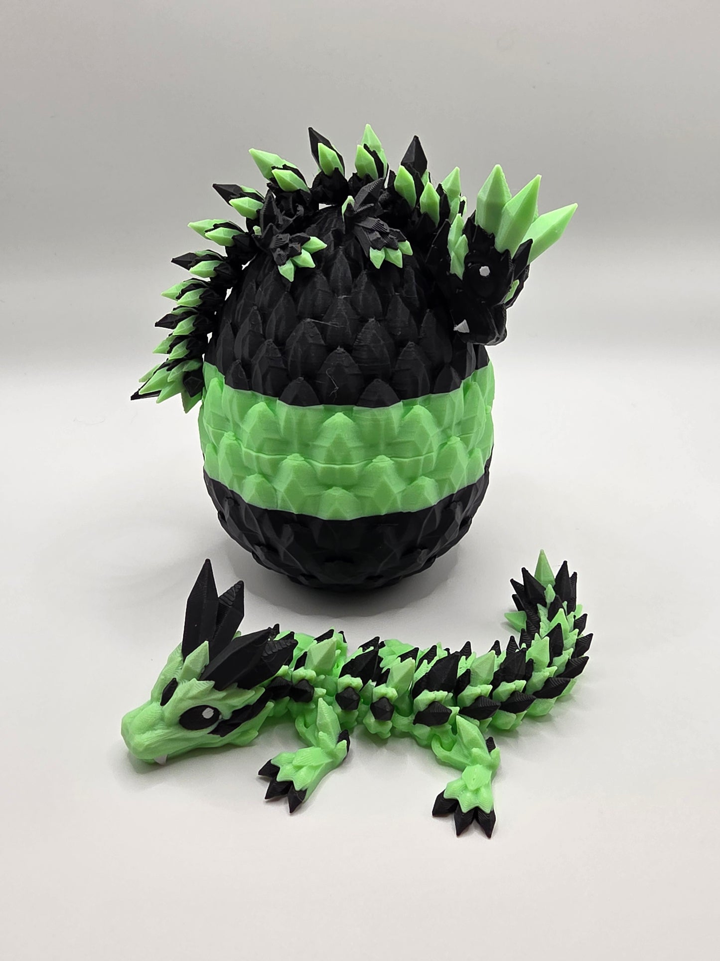 Crystal Baby Dragon's With Egg - Articulated 3D Printed Collectable - Glow Green and Black