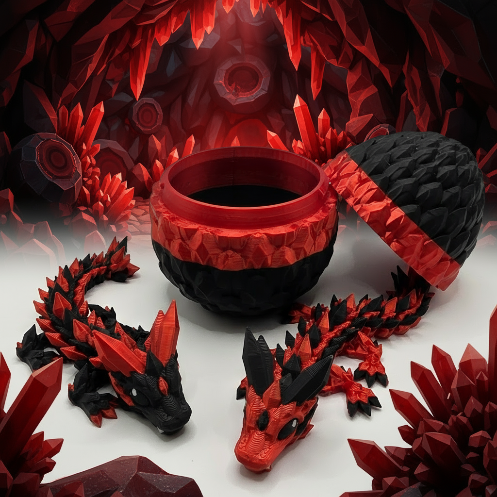 Crystal Baby Dragon's With Egg - Articulated 3D Printed Collectable Figure - Red and Black