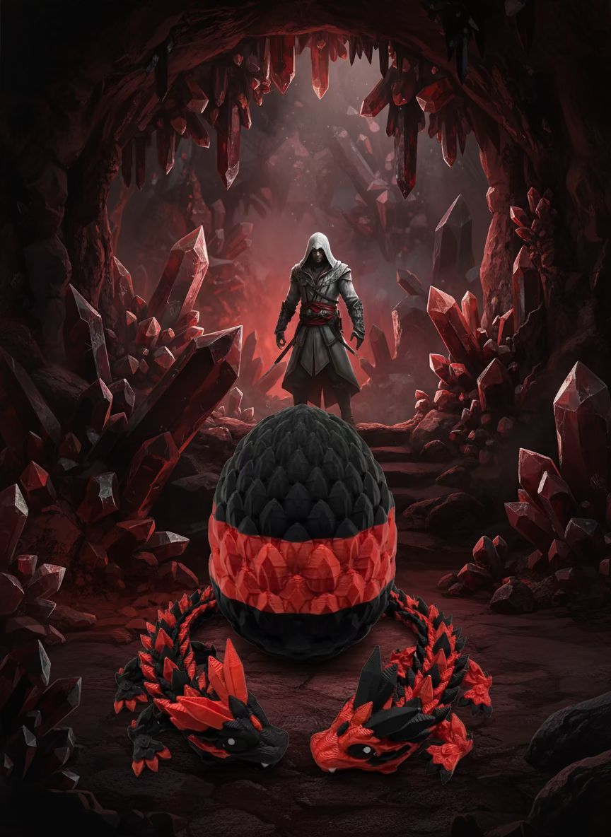 “Crystal Baby Dragons with Egg – Articulated 3D Printed Collectible – Red with Black Theme”