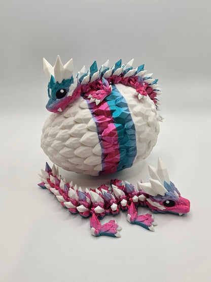 “Crystal Baby Dragons with Egg – Articulated 3D Printed Collectible – Dual Pink - Blue with White Theme”