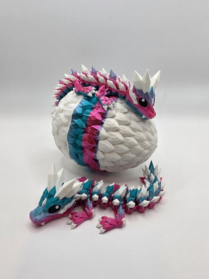“Crystal Baby Dragons with Egg – Articulated 3D Printed Collectible – Dual Pink - Blue with White Theme”