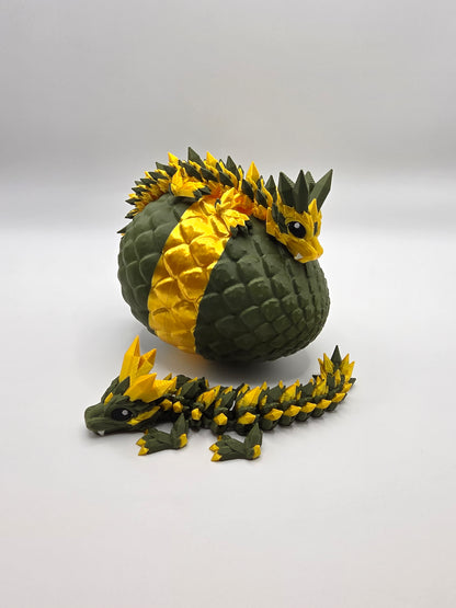 “Crystal Baby Dragons with Egg – Articulated 3D Printed Collectible – Army Green with Gold Theme”