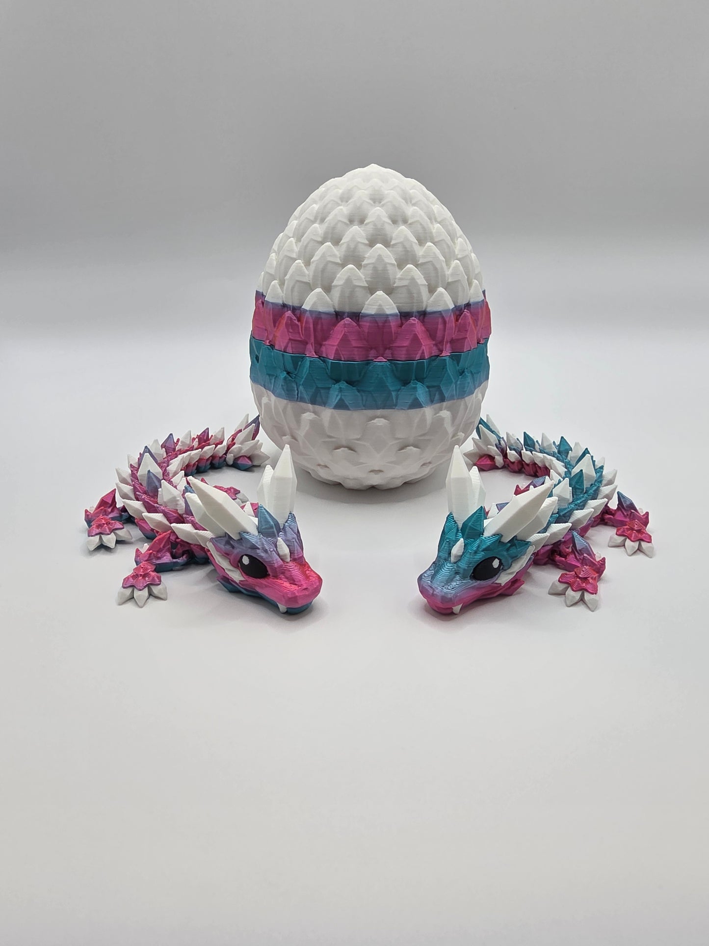 “Crystal Baby Dragons with Egg – Articulated 3D Printed Collectible – Dual Pink - Blue with White Theme”