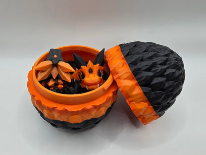 Halloween Themed Crystal Baby Dragon's With Egg - Articulated 3D Printed Collectable - Orange and Black
