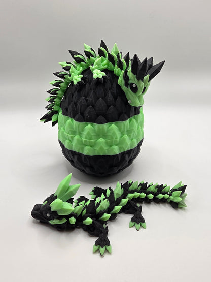 Crystal Baby Dragon's With Egg - Articulated 3D Printed Collectable - Glow Green and Black