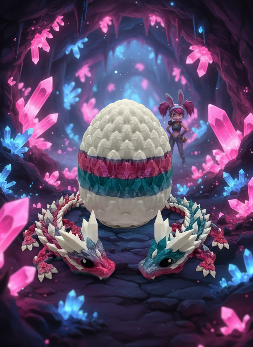 “Crystal Baby Dragons with Egg – Articulated 3D Printed Collectible – Dual Pink - Blue with White Theme”
