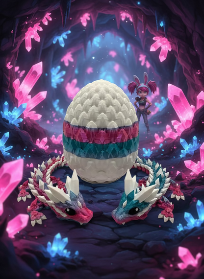 “Crystal Baby Dragons with Egg – Articulated 3D Printed Collectible – Dual Pink - Blue with White Theme”