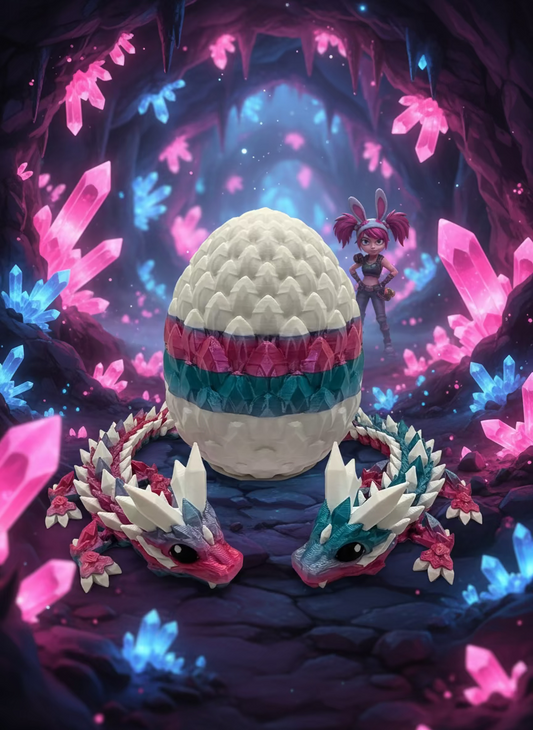 “Crystal Baby Dragons with Egg – Articulated 3D Printed Collectible – Dual Pink - Blue with White Theme”