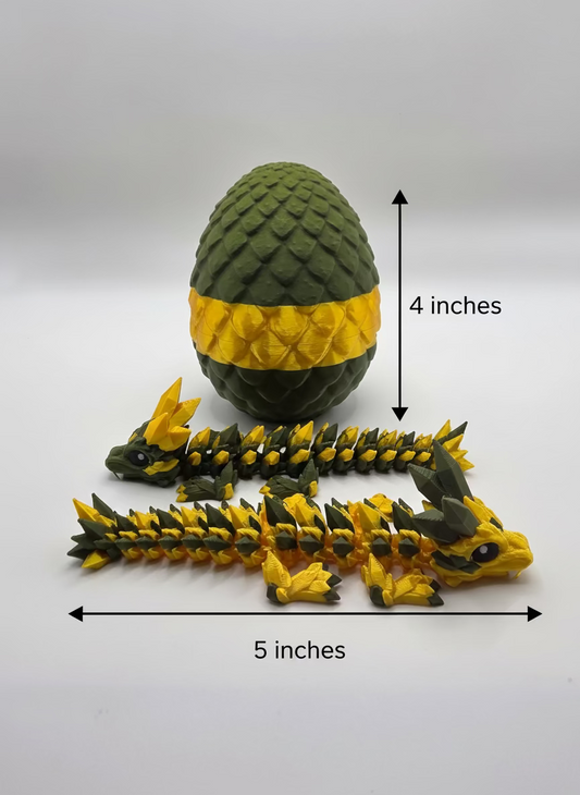 Green and yellow dragon egg with a dragon model, showing measurements on a white background