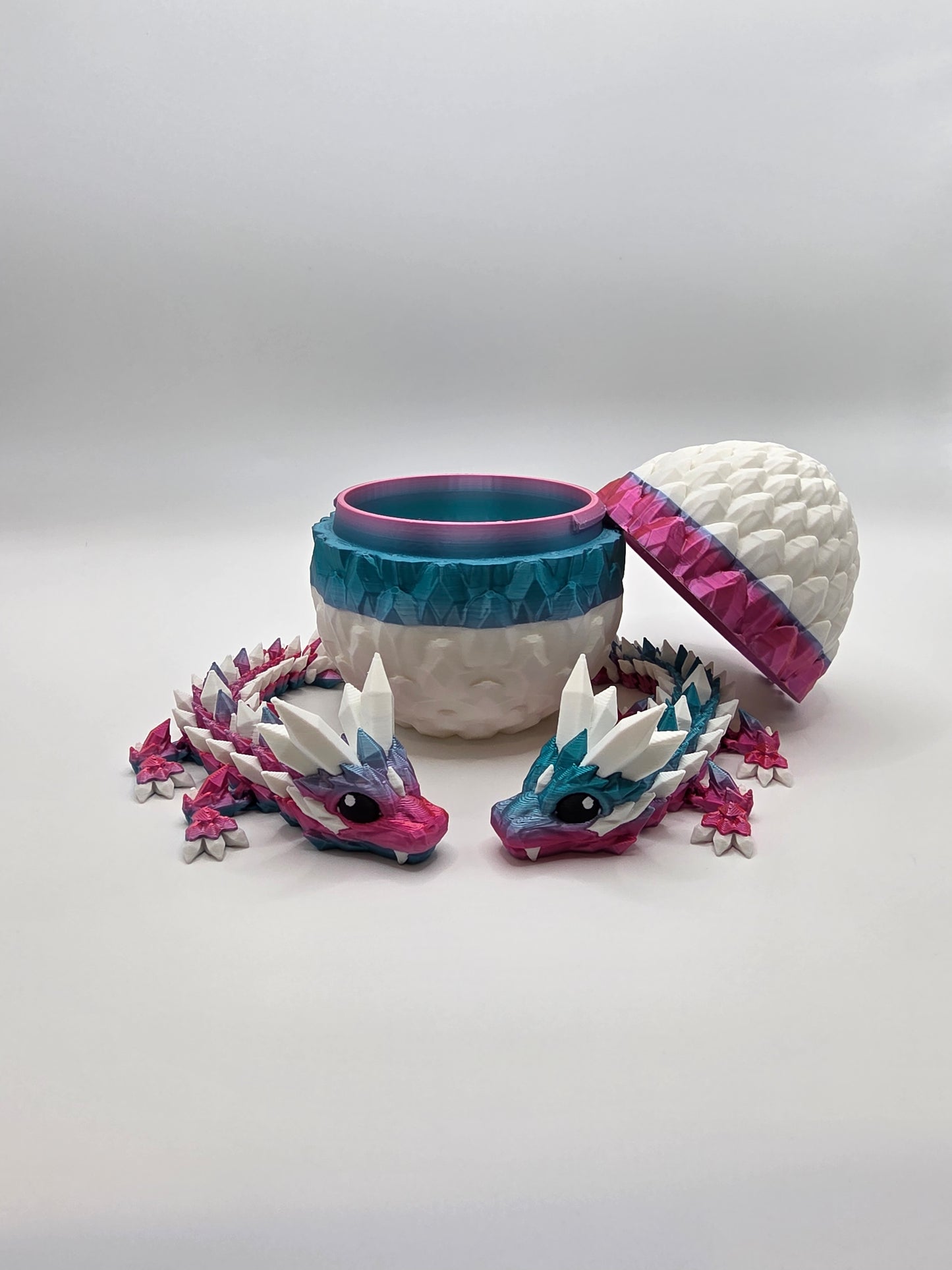 “Crystal Baby Dragons with Egg – Articulated 3D Printed Collectible – Dual Pink - Blue with White Theme”