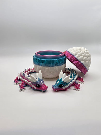 “Crystal Baby Dragons with Egg – Articulated 3D Printed Collectible – Dual Pink - Blue with White Theme”