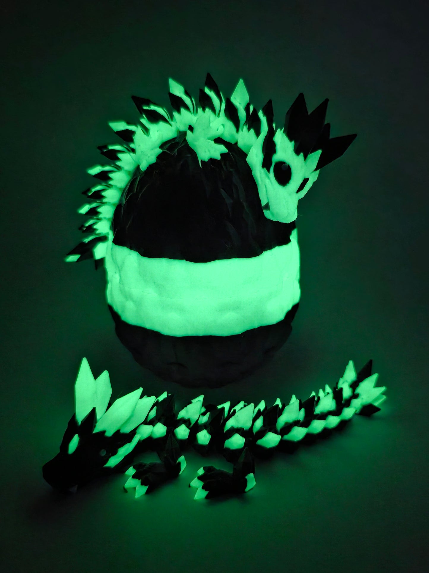 Crystal Baby Dragon's With Egg - Articulated 3D Printed Collectable - Glow Green and Black