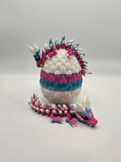 “Crystal Baby Dragons with Egg – Articulated 3D Printed Collectible – Dual Pink - Blue with White Theme”
