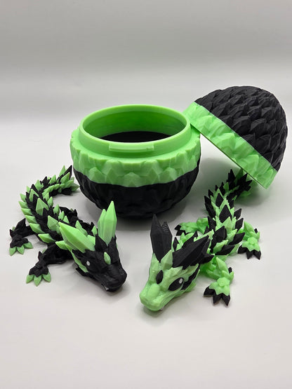 Crystal Baby Dragon's With Egg - Articulated 3D Printed Collectable - Glow Green and Black