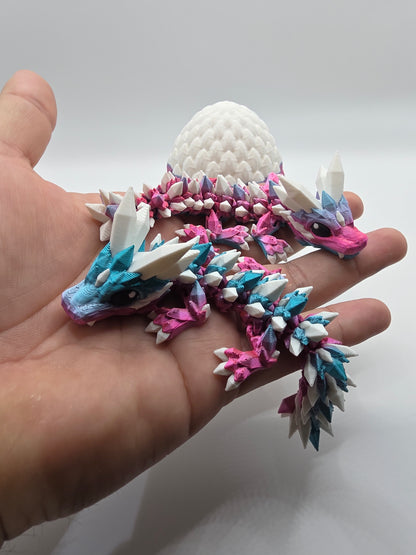 “Crystal Baby Dragons with Egg – Articulated 3D Printed Collectible – Dual Pink - Blue with White Theme”