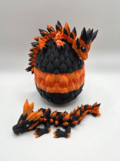 Halloween Themed Crystal Baby Dragon's With Egg - Articulated 3D Printed Collectable - Orange and Black