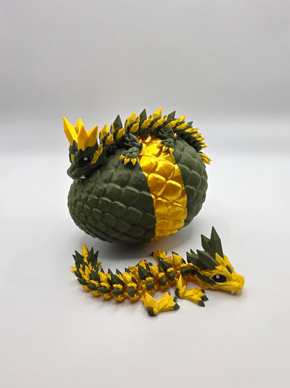 “Crystal Baby Dragons with Egg – Articulated 3D Printed Collectible – Army Green with Gold Theme”