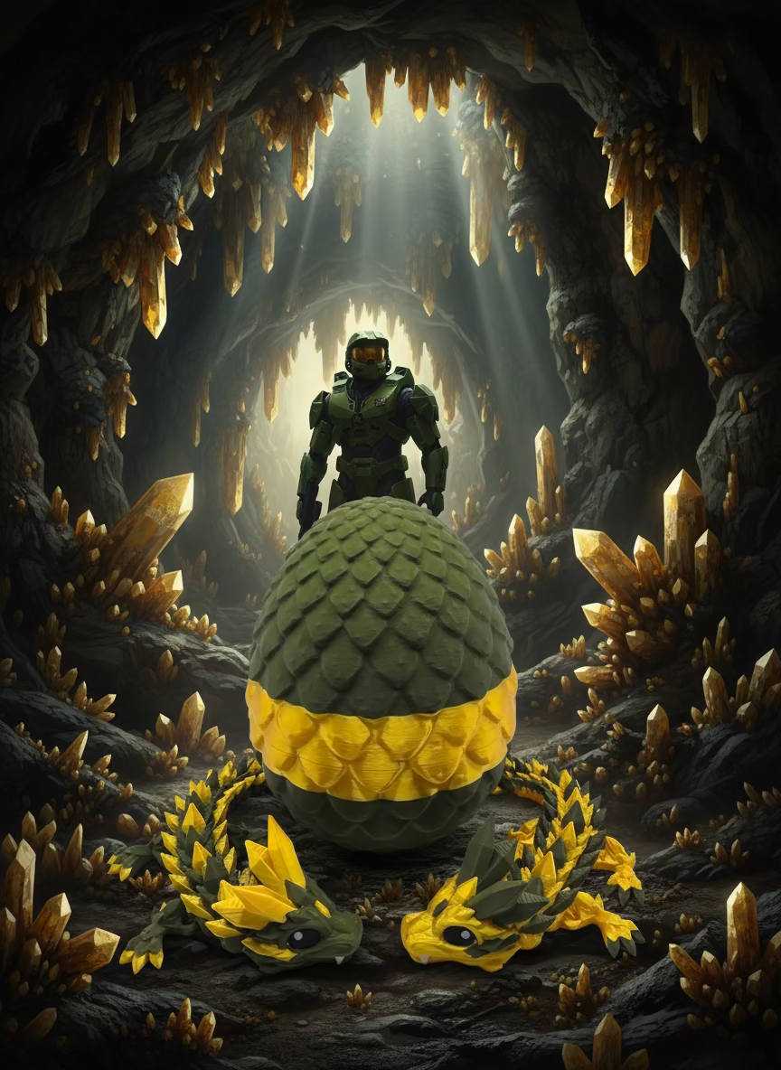 Person in futuristic armor standing next to a large green and yellow fruit in a cave-like setting with crystals.
