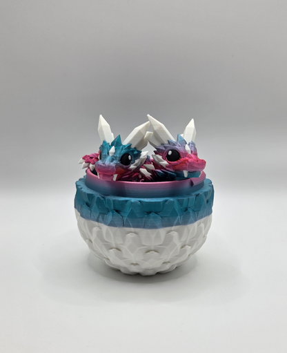 “Crystal Baby Dragons with Egg – Articulated 3D Printed Collectible – Dual Pink - Blue with White Theme”